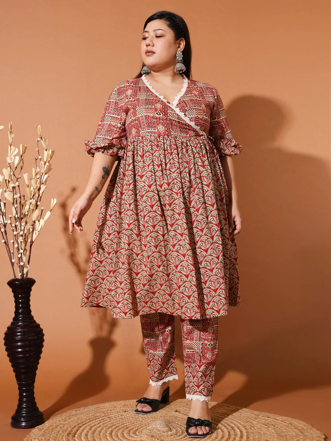 ARU - RED ETHNIC MOTIF PRINTED ANGRAKHA KURTA PLUS CO-ORDS SET