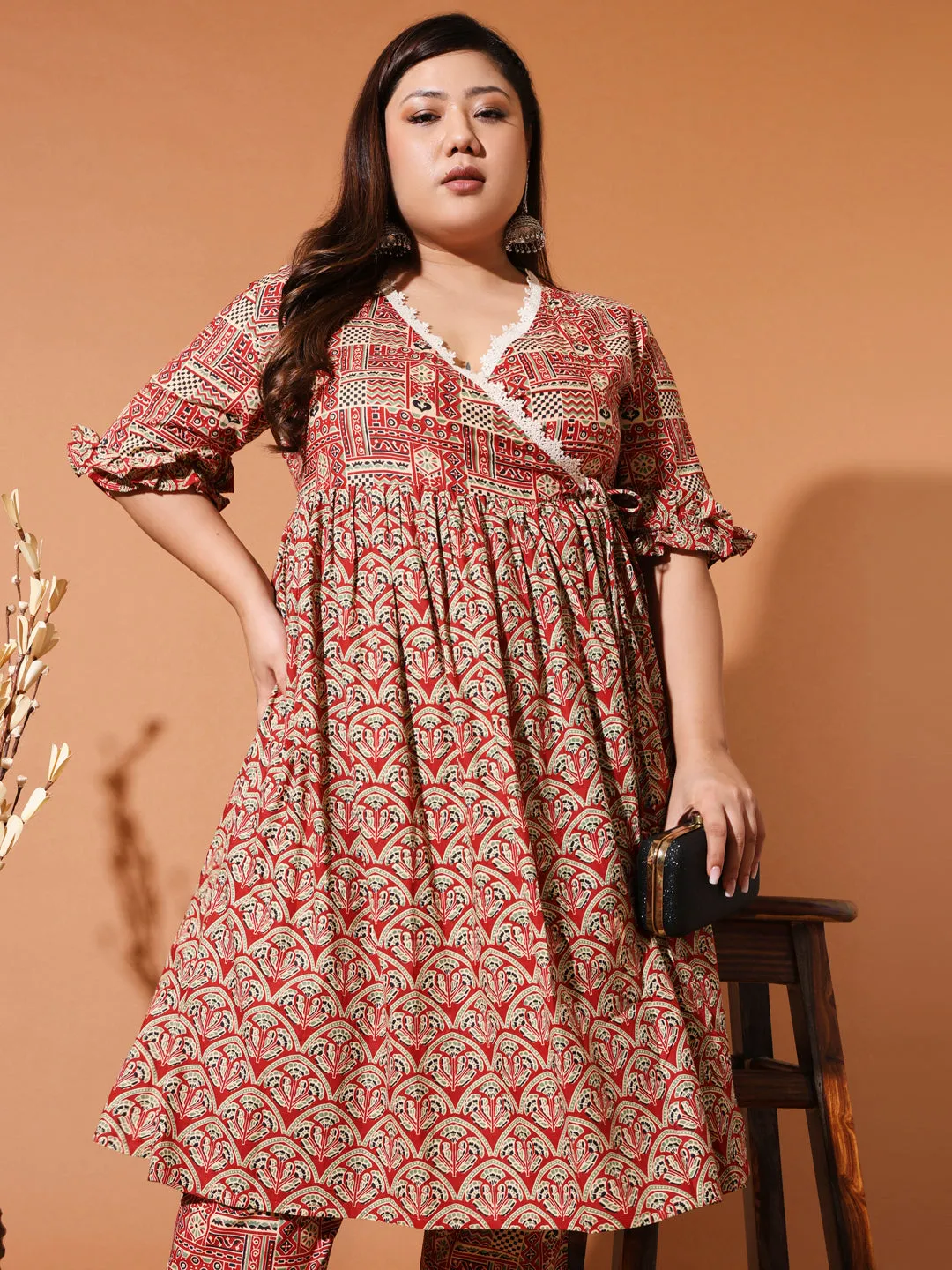 ARU - RED ETHNIC MOTIF PRINTED ANGRAKHA KURTA PLUS CO-ORDS SET