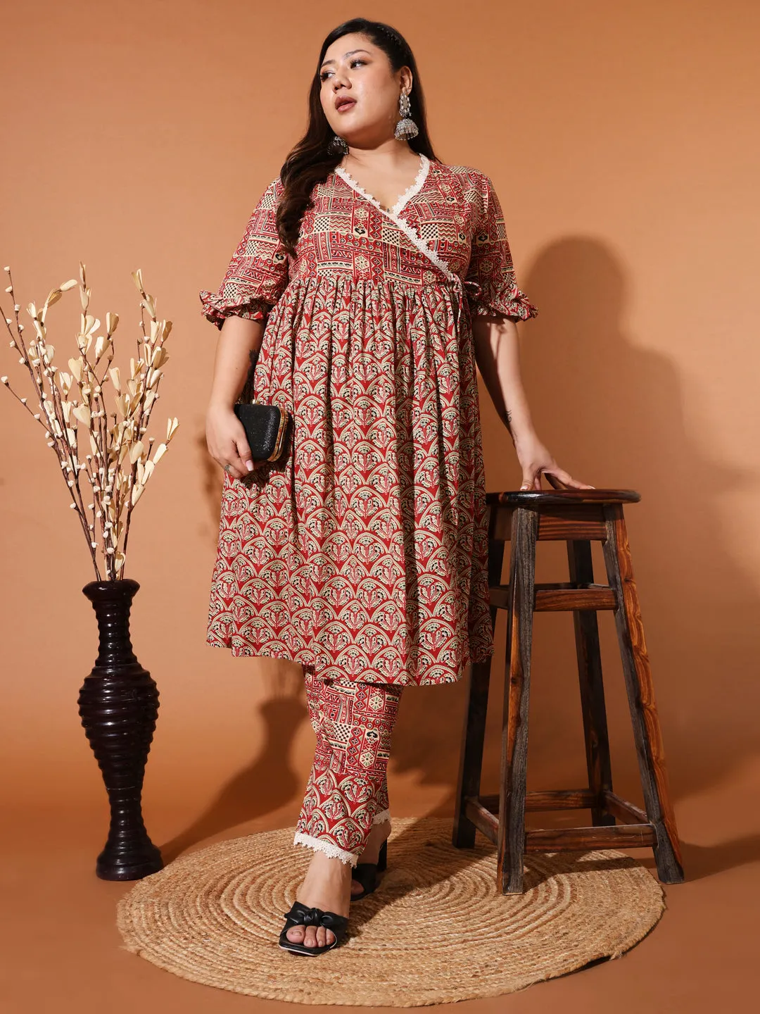 ARU - RED ETHNIC MOTIF PRINTED ANGRAKHA KURTA PLUS CO-ORDS SET