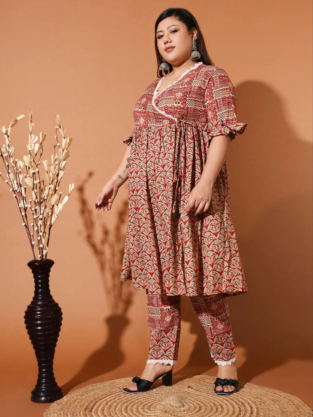 ARU - RED ETHNIC MOTIF PRINTED ANGRAKHA KURTA PLUS CO-ORDS SET