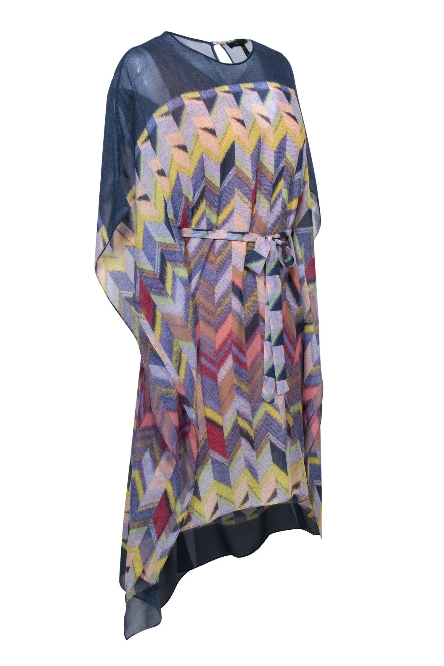 BCBG Max Azria - Blue & Multicolored Chevron Print Kaftan-Style Dress w/ Tie Sz S