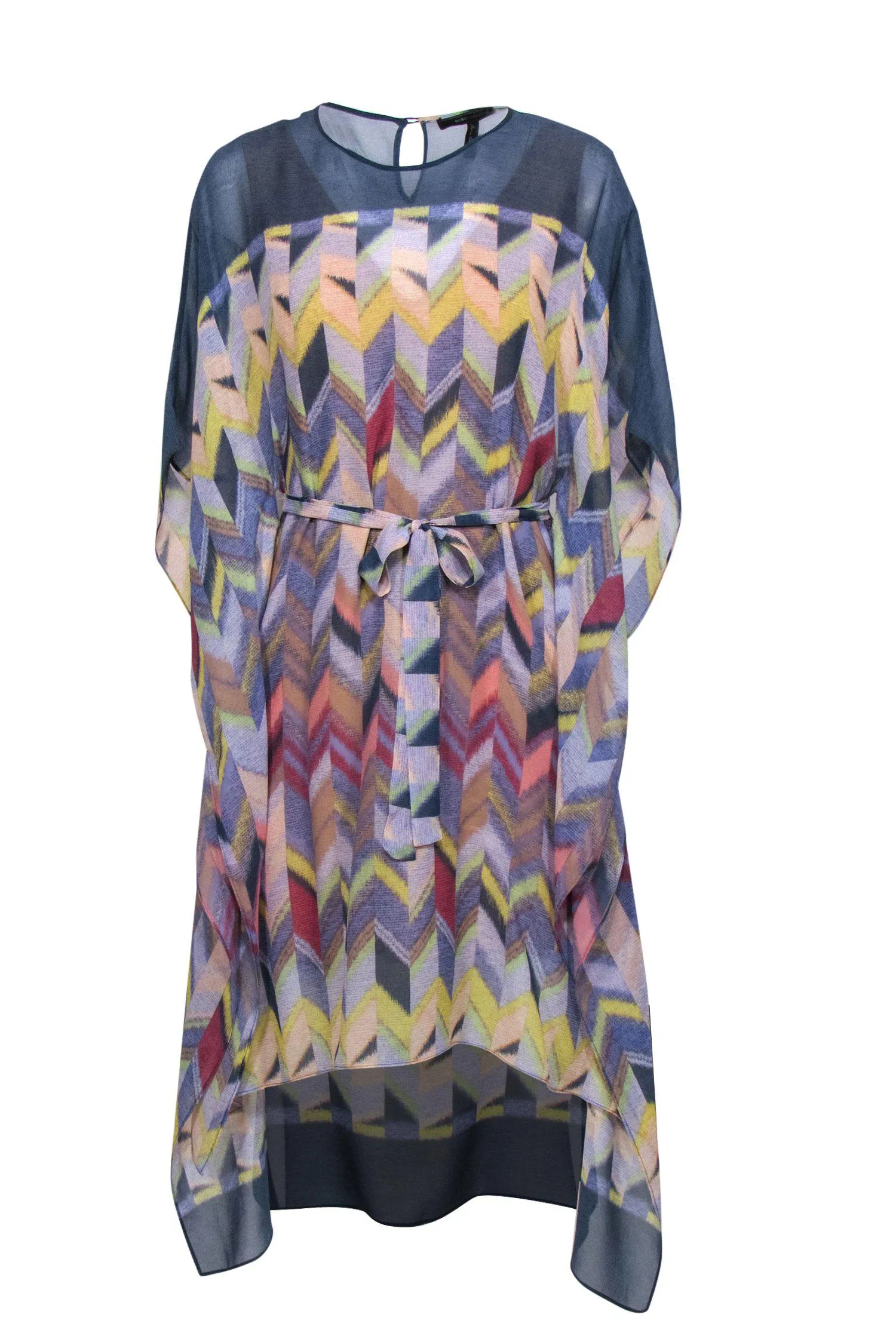 BCBG Max Azria - Blue & Multicolored Chevron Print Kaftan-Style Dress w/ Tie Sz S