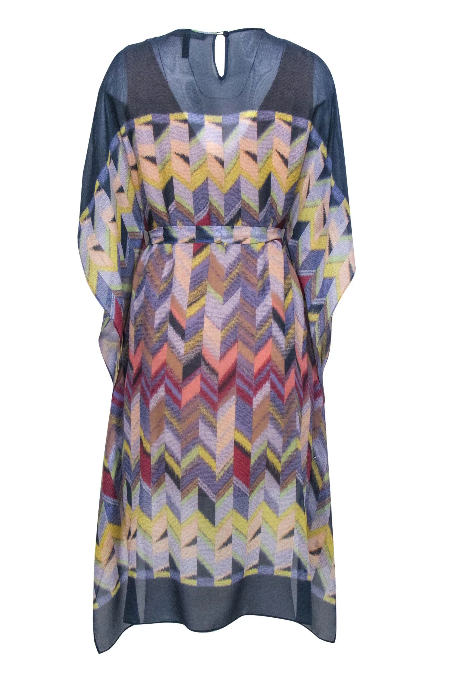 BCBG Max Azria - Blue & Multicolored Chevron Print Kaftan-Style Dress w/ Tie Sz S