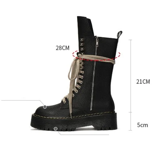 Black Leather Front Tie Lace Up Boots, Round Head Ankle Boots for Women, Black Platform Leather Boots, Thick Sole Round Toe Boots