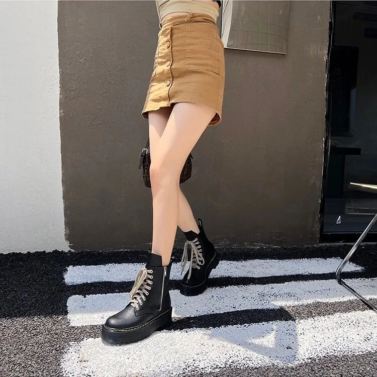 Black Leather Front Tie Lace Up Boots, Round Head Ankle Boots for Women, Black Platform Leather Boots, Thick Sole Round Toe Boots