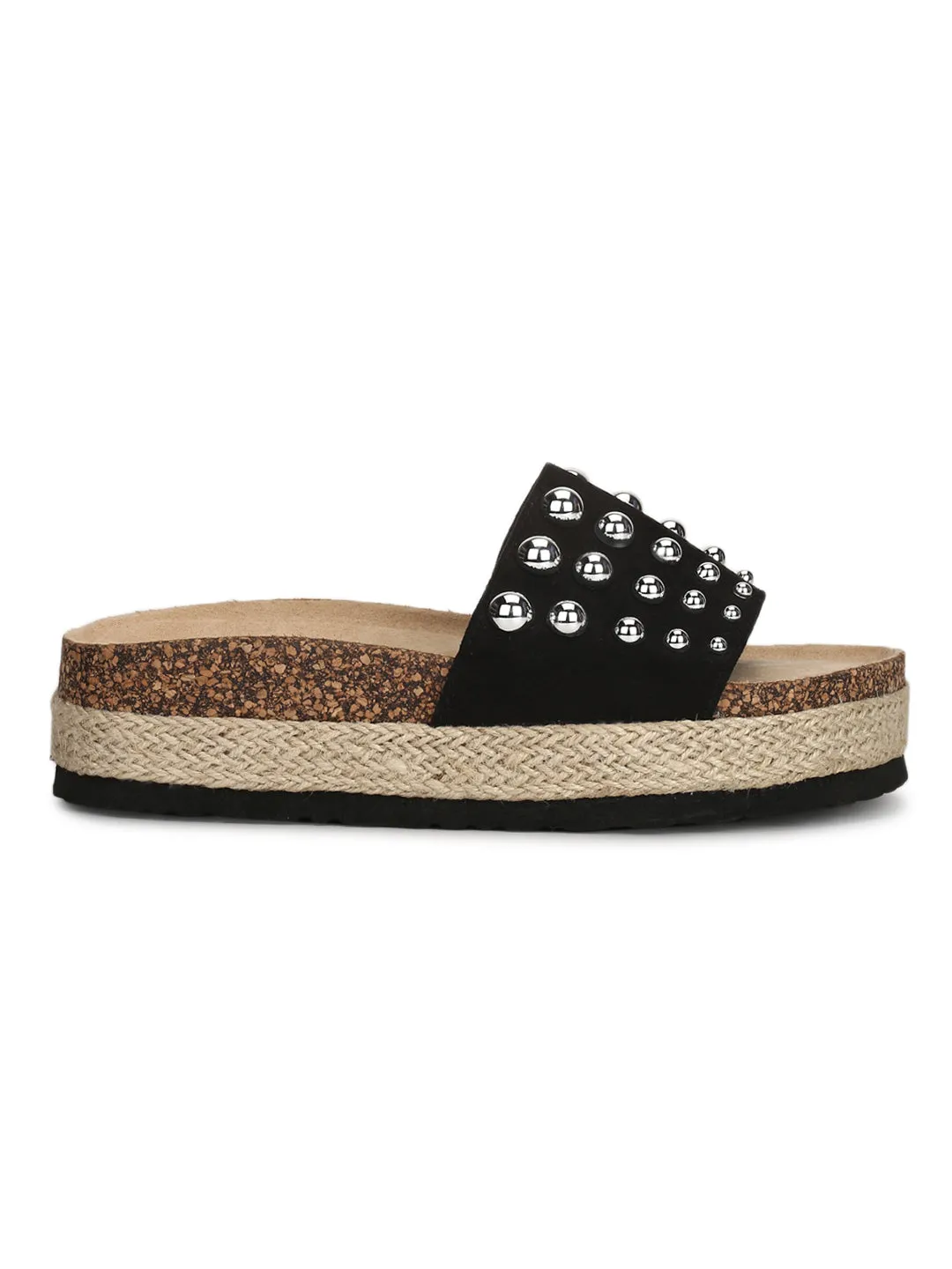 Black Micro Broad Beaded Strap Flatform Slip-on Wedges