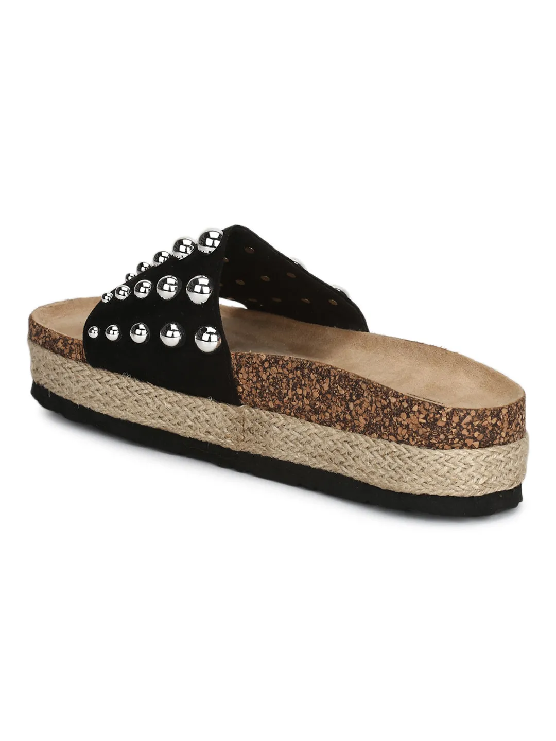 Black Micro Broad Beaded Strap Flatform Slip-on Wedges