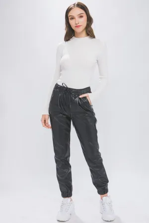 Black PU Faux Leather Jogger Pants