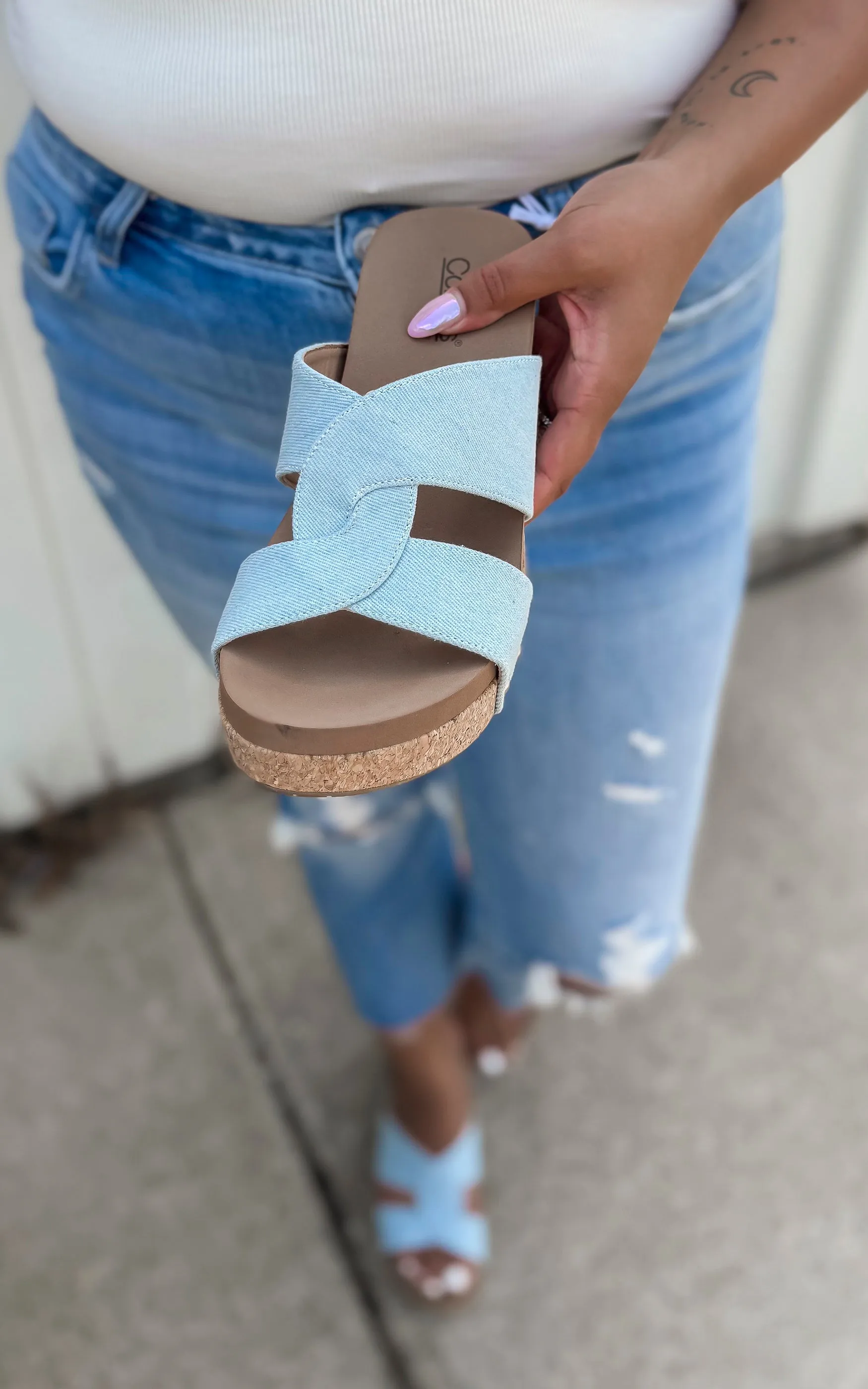 Bonny Lt Blue Denim Wedge | Corkys - Final Sale