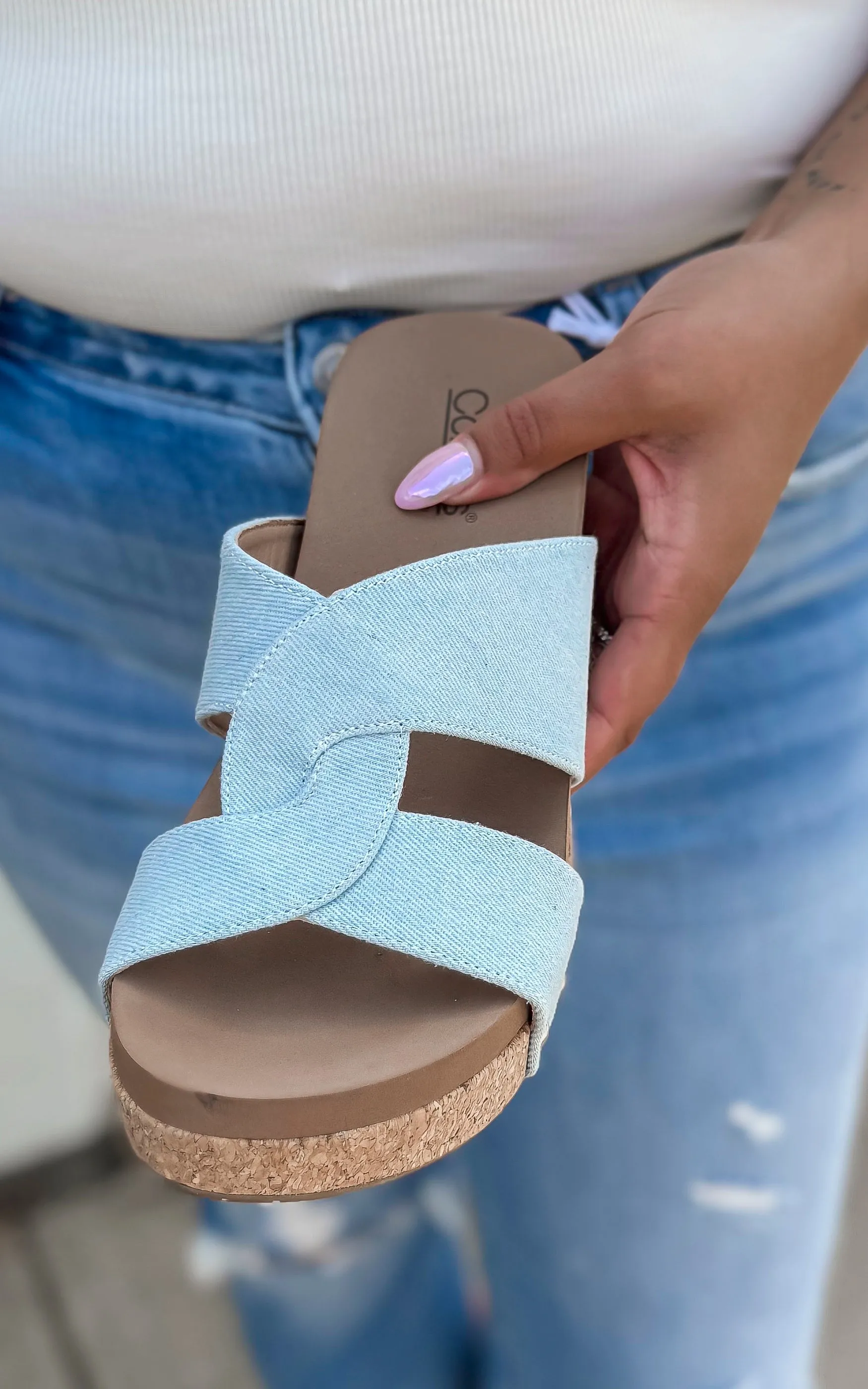 Bonny Lt Blue Denim Wedge | Corkys - Final Sale