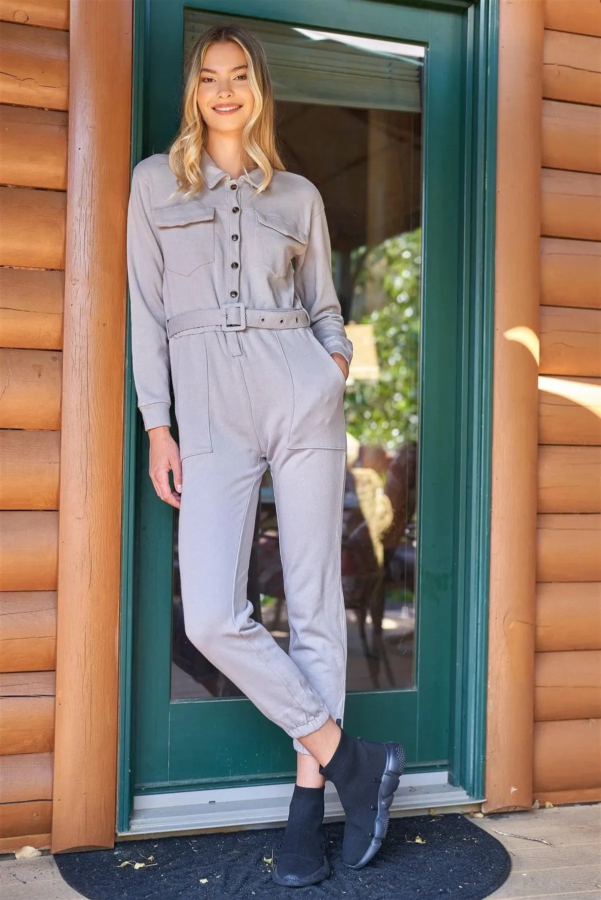 Decorator Light Grey Button-Down Long Sleeve Belted Utility Jumpsuit /2-2-1