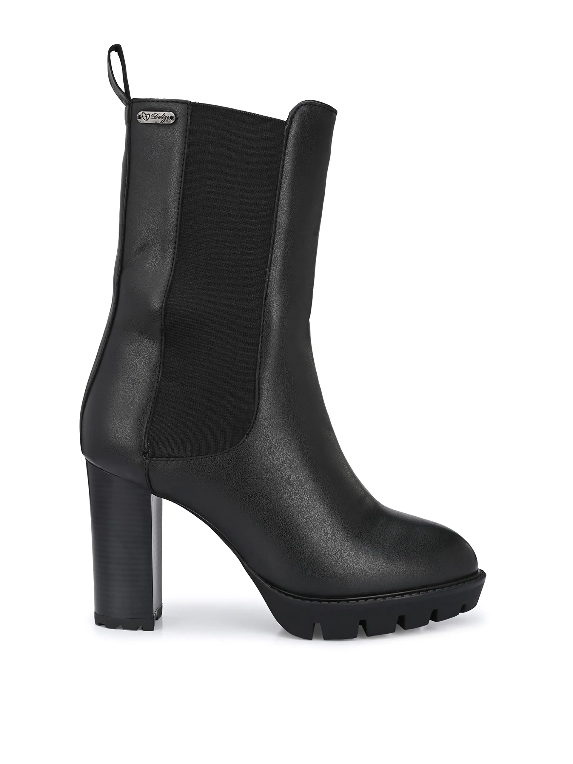 Delize Black Women Vegan Leather, Calf Length, high Heel Chelsea Boots