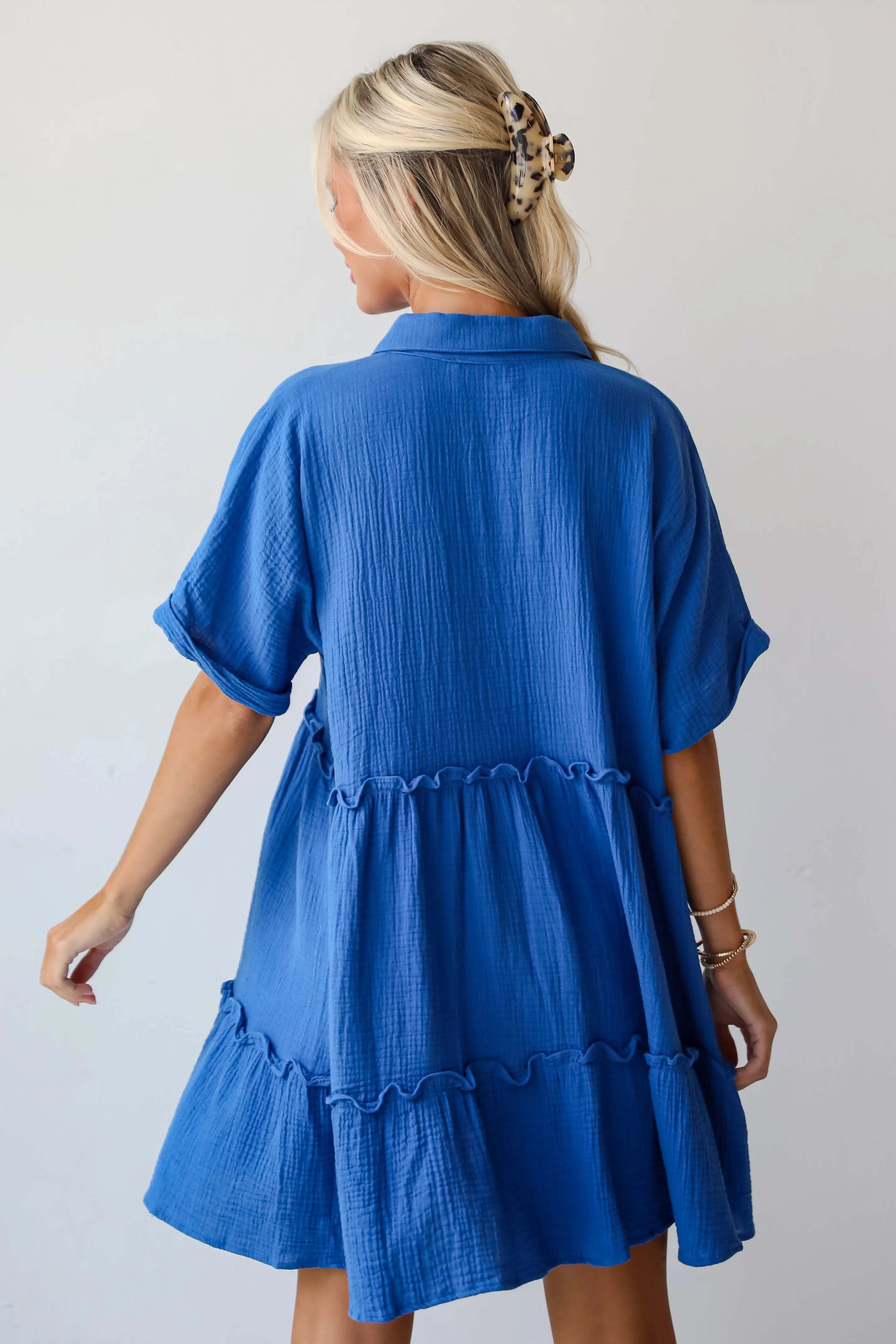 FINAL SALE - Charming Dynamic Royal Blue Linen Tiered Mini Dress