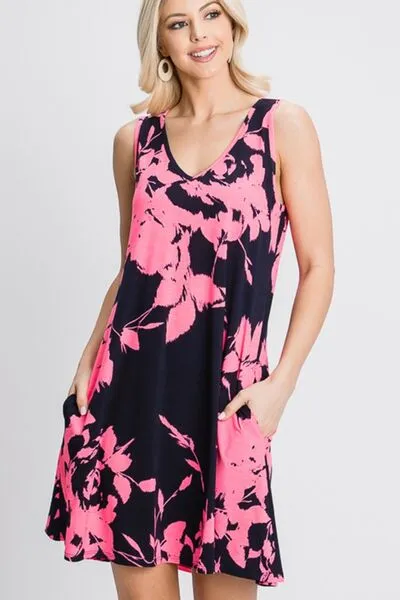 Floral V-Neck Tank Dress with Pockets