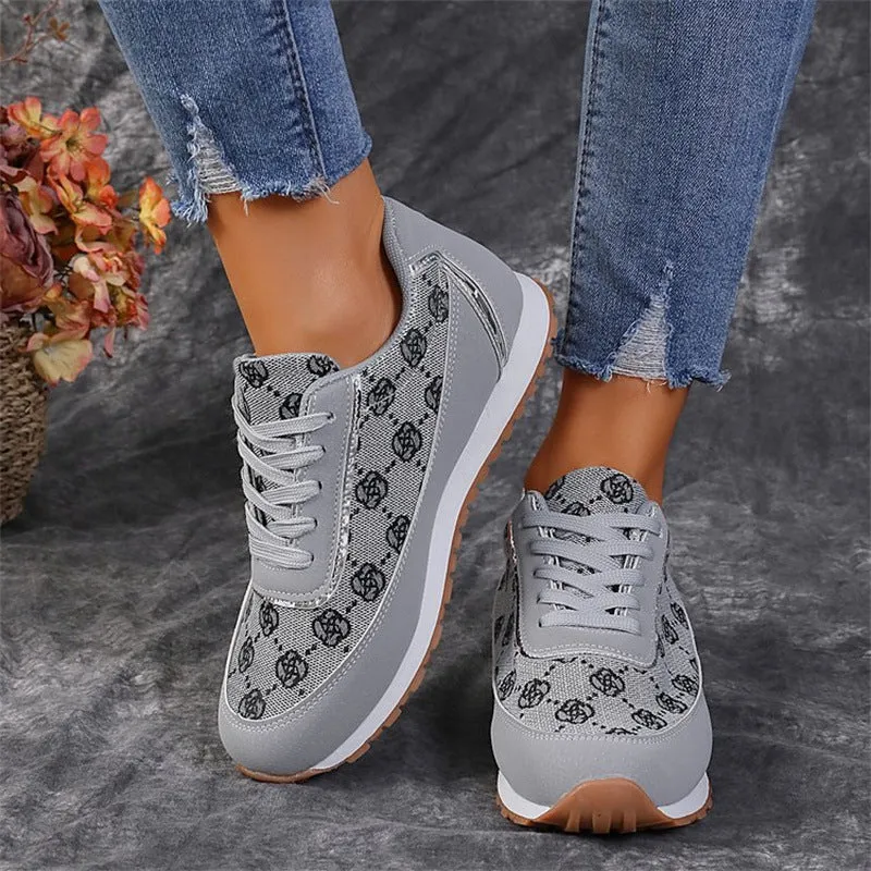 Flower Print Lace-up Lightweight Breathable Sneakers