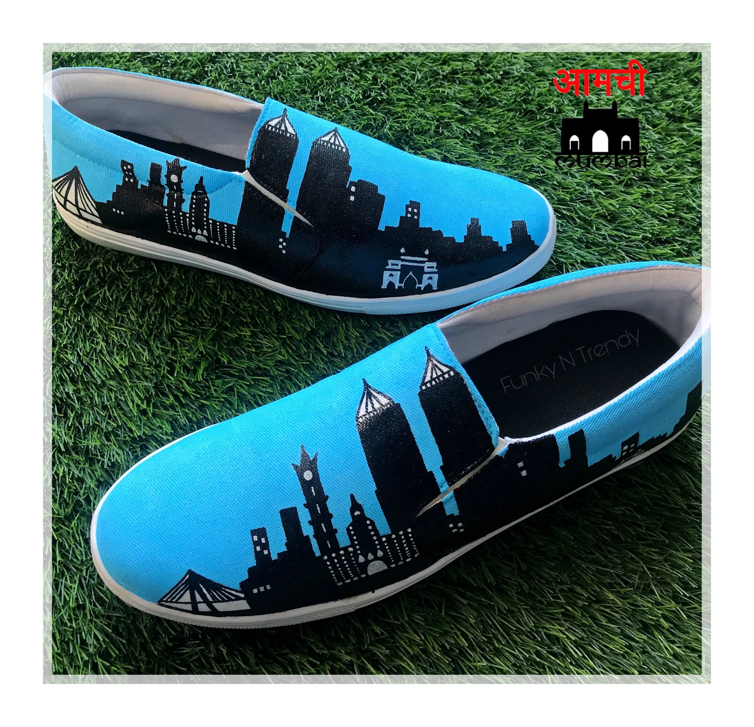 Funky N Trendy hand painted water resistant Blue Skyline slip on shoes/ handpainted shoes/ women shoes / funky shoes/ blue shoes / funky handpainted shoes