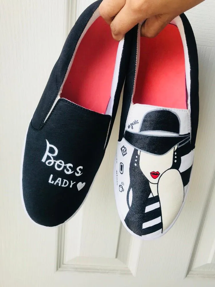 Funky N Trendy hand painted water resistant Boss Lady theme black shoes/ boss lady shoes / black shoes / funky shoes