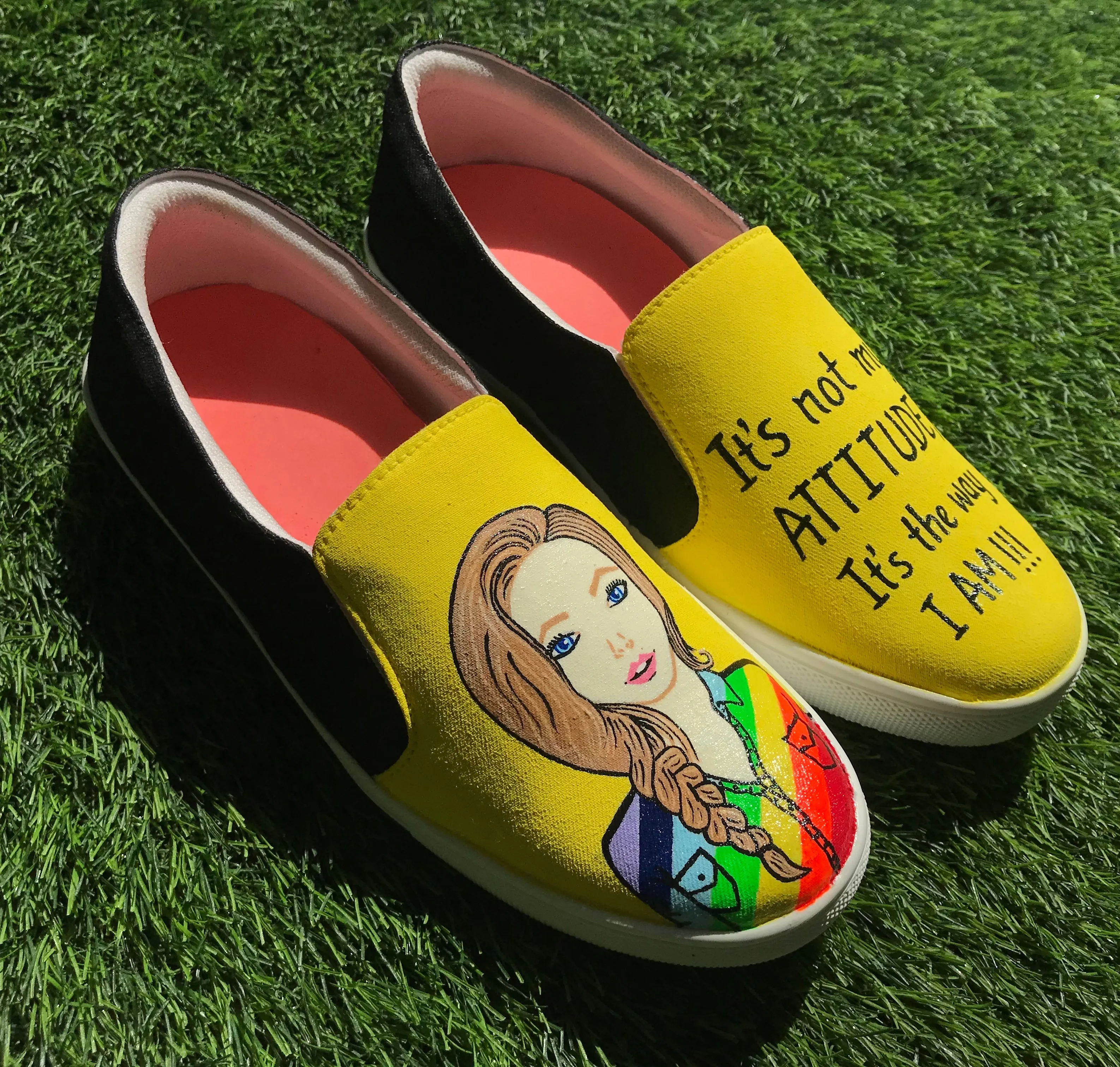 Funky N Trendy hand painted water resistant Quirky quote yellow slip on shoes/ handpainted shoes/ women shoes / funky shoes/ white handpainted shoes