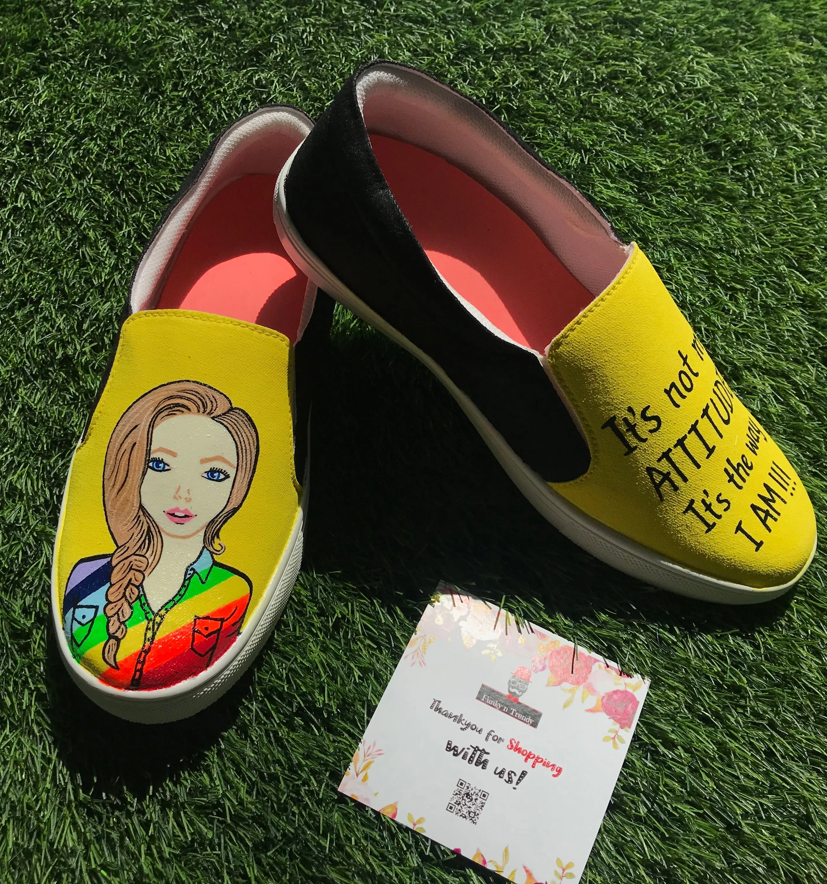 Funky N Trendy hand painted water resistant Quirky quote yellow slip on shoes/ handpainted shoes/ women shoes / funky shoes/ white handpainted shoes