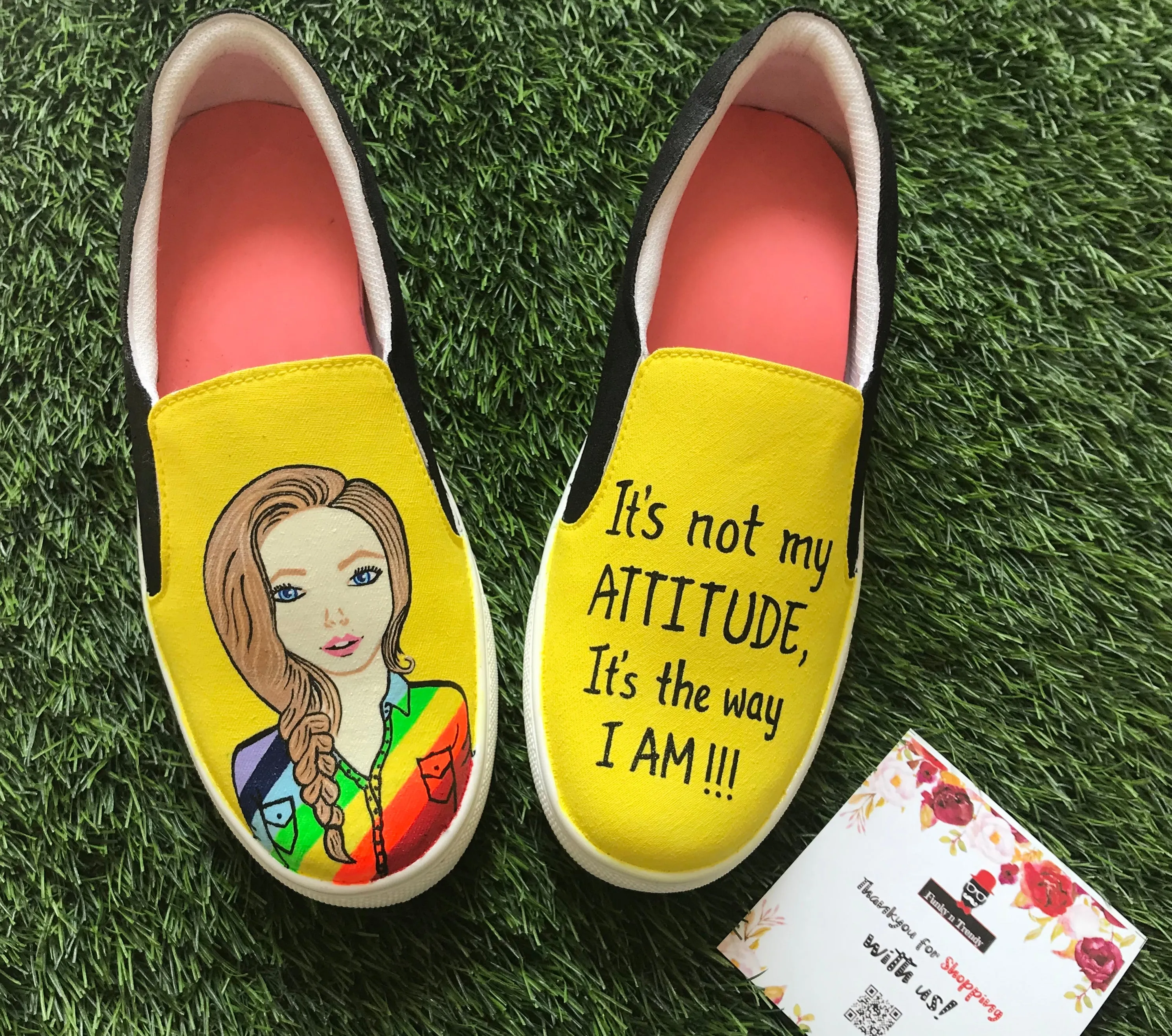 Funky N Trendy hand painted water resistant Quirky quote yellow slip on shoes/ handpainted shoes/ women shoes / funky shoes/ white handpainted shoes