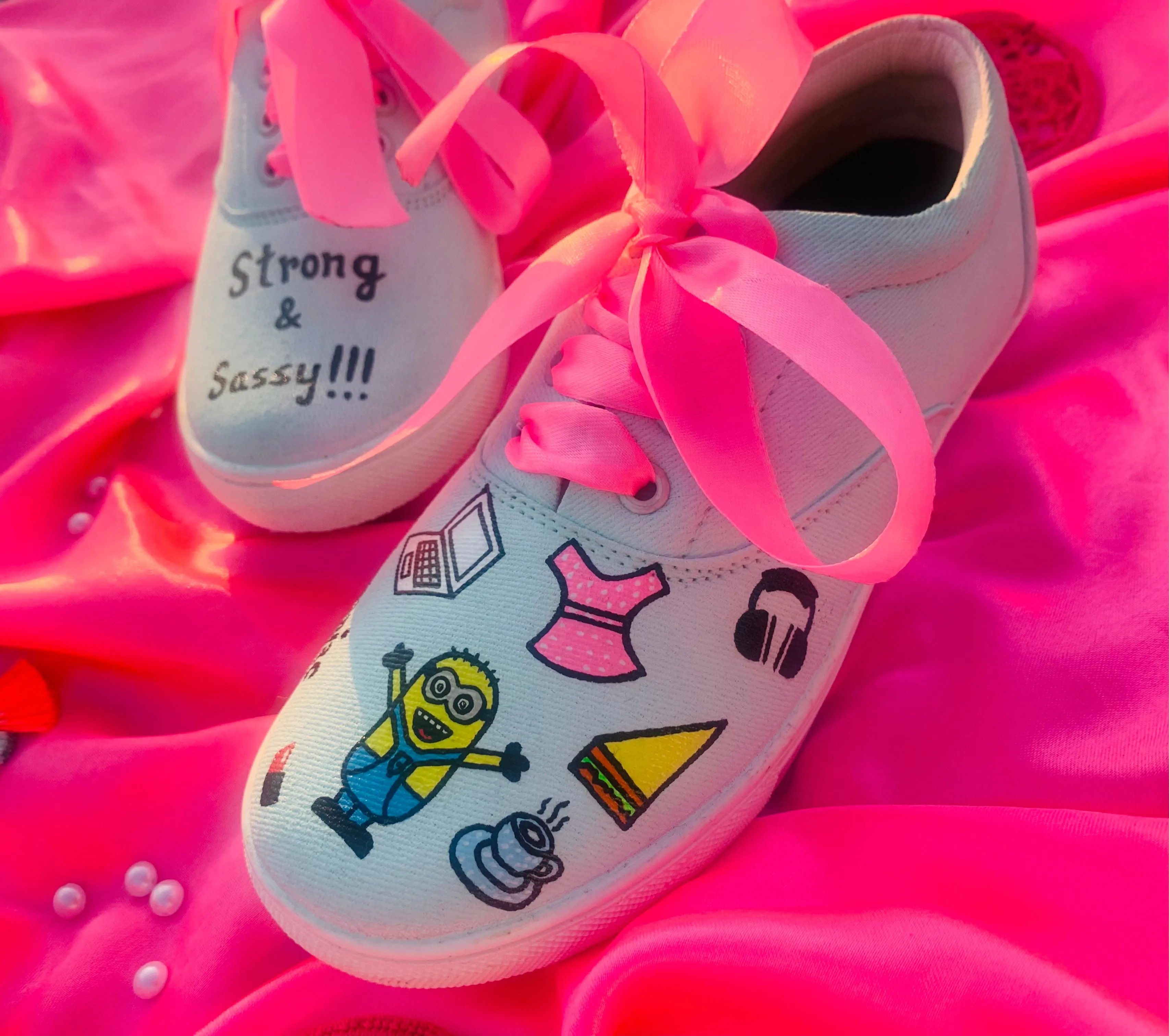 Funky N Trendy hand painted water resistant Strong & Sassy theme mint shoes/ minion shoes