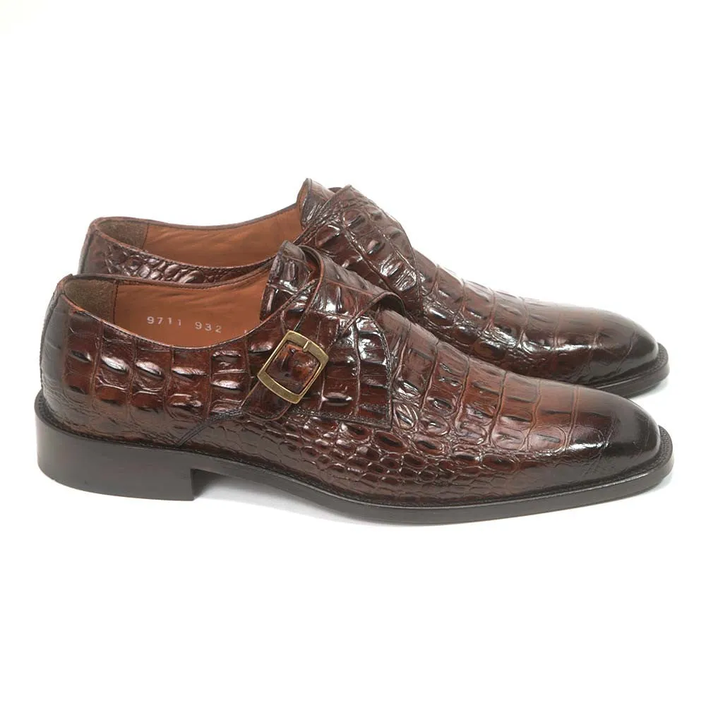 Golden Pass Crocodile Print Tabac Monk Buckle Leather Sole Men's Shoes