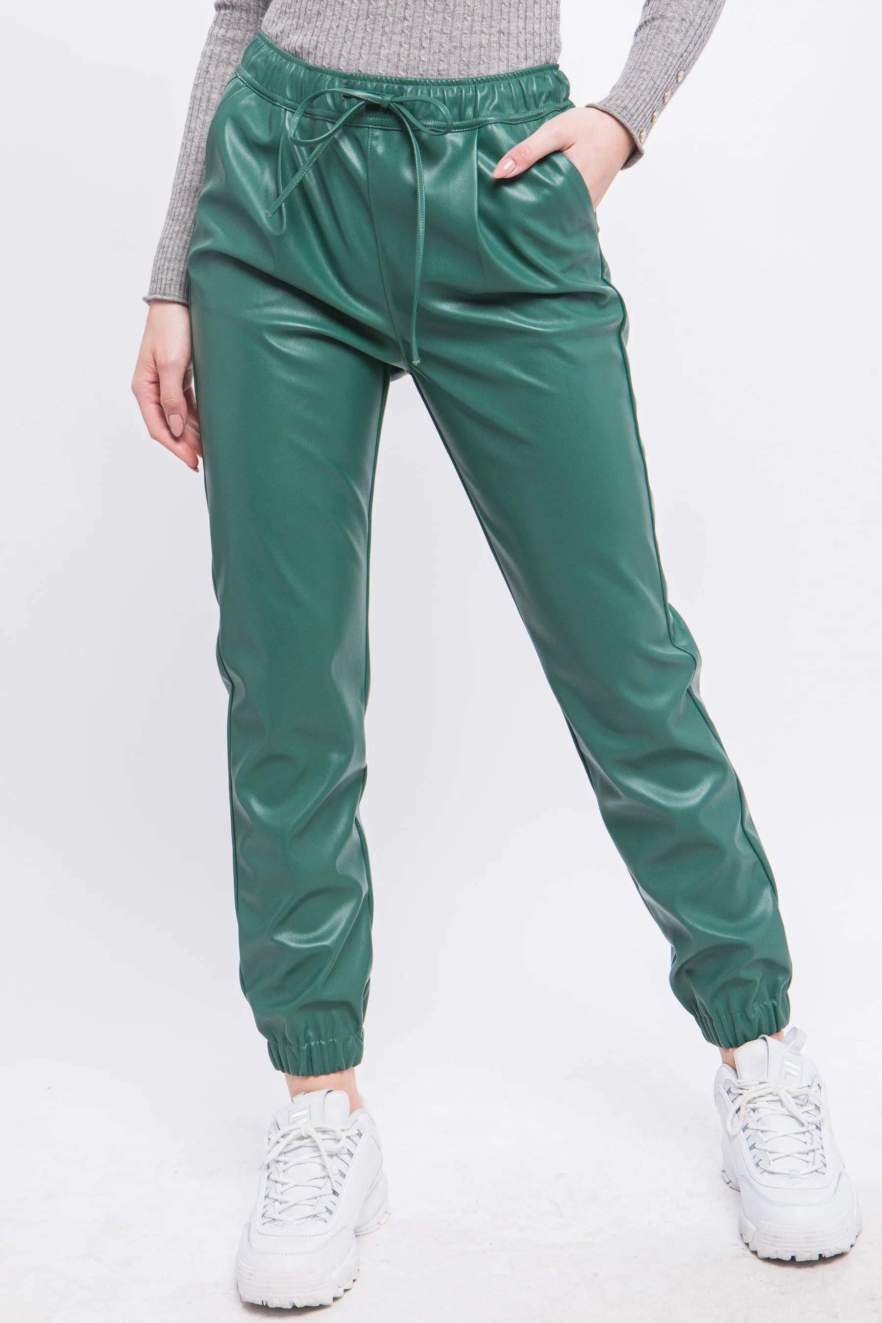 Green Stone PU Faux Leather Jogger Pants