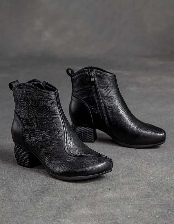 Handmade Embossed Leather Retro Chunky Boots