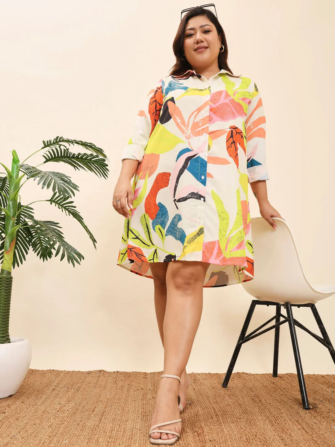 HOOR - MULTI COLORED ABSTACT PRINTED  KNEE LENGTH SHIRT PLUS DRESS