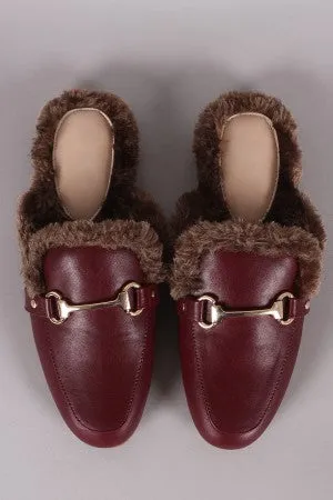 Horsebit Ornament Fur Lined Slip-On Mules