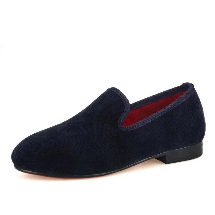 Kids Loafers Nautical Twill: Handmade Navy Parent-Child Loafers with Red Outsole