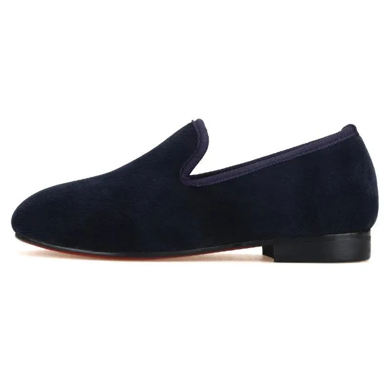 Kids Loafers Nautical Twill: Handmade Navy Parent-Child Loafers with Red Outsole