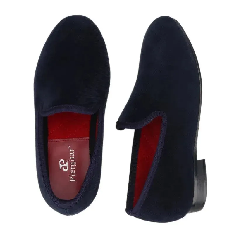 Kids Loafers Nautical Twill: Handmade Navy Parent-Child Loafers with Red Outsole