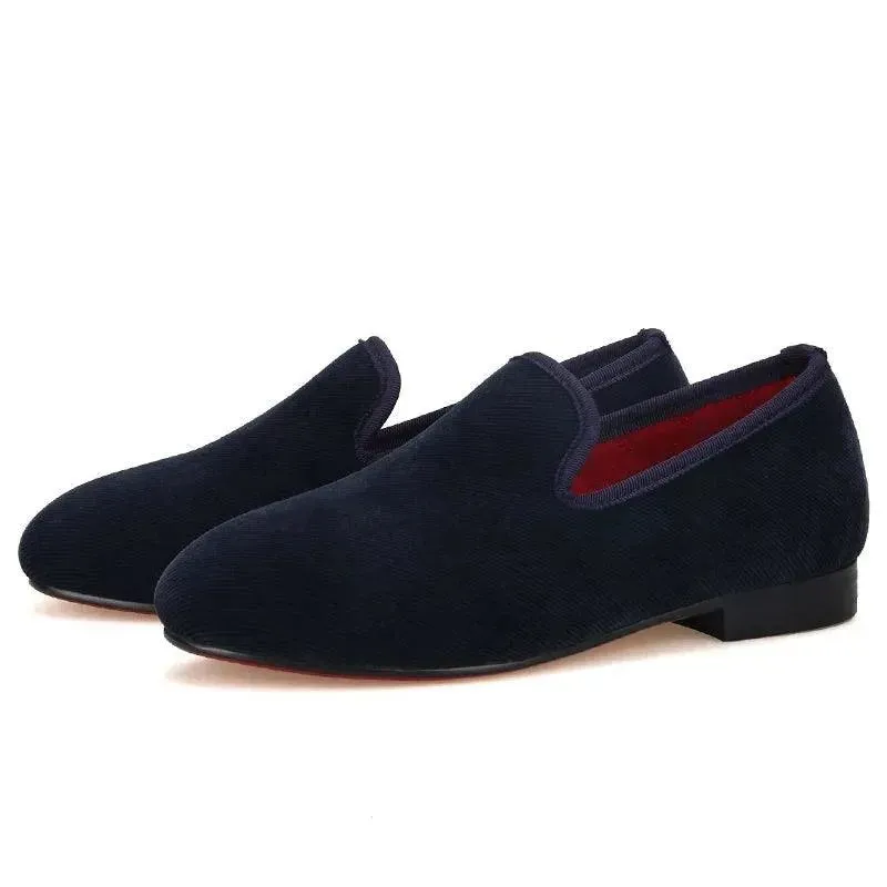 Kids Loafers Nautical Twill: Handmade Navy Parent-Child Loafers with Red Outsole