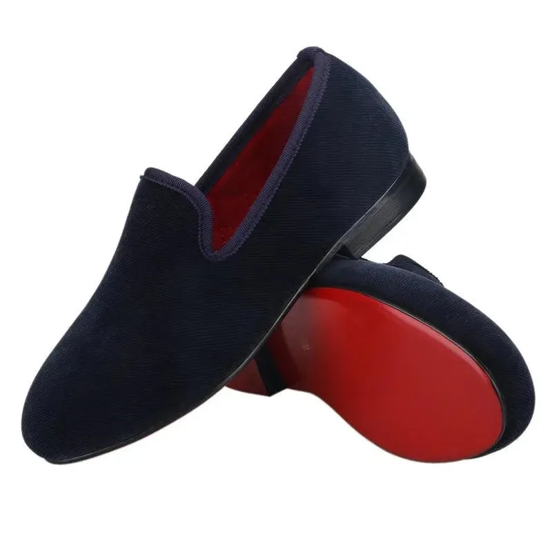 Kids Loafers Nautical Twill: Handmade Navy Parent-Child Loafers with Red Outsole