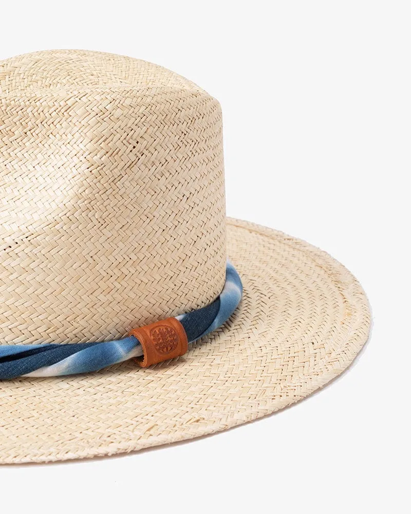 Kiriko Custom Panama Hat, Straw, Palm, Twisted Washed Indigo Shibori