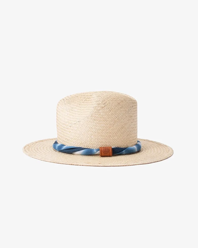 Kiriko Custom Panama Hat, Straw, Palm, Twisted Washed Indigo Shibori