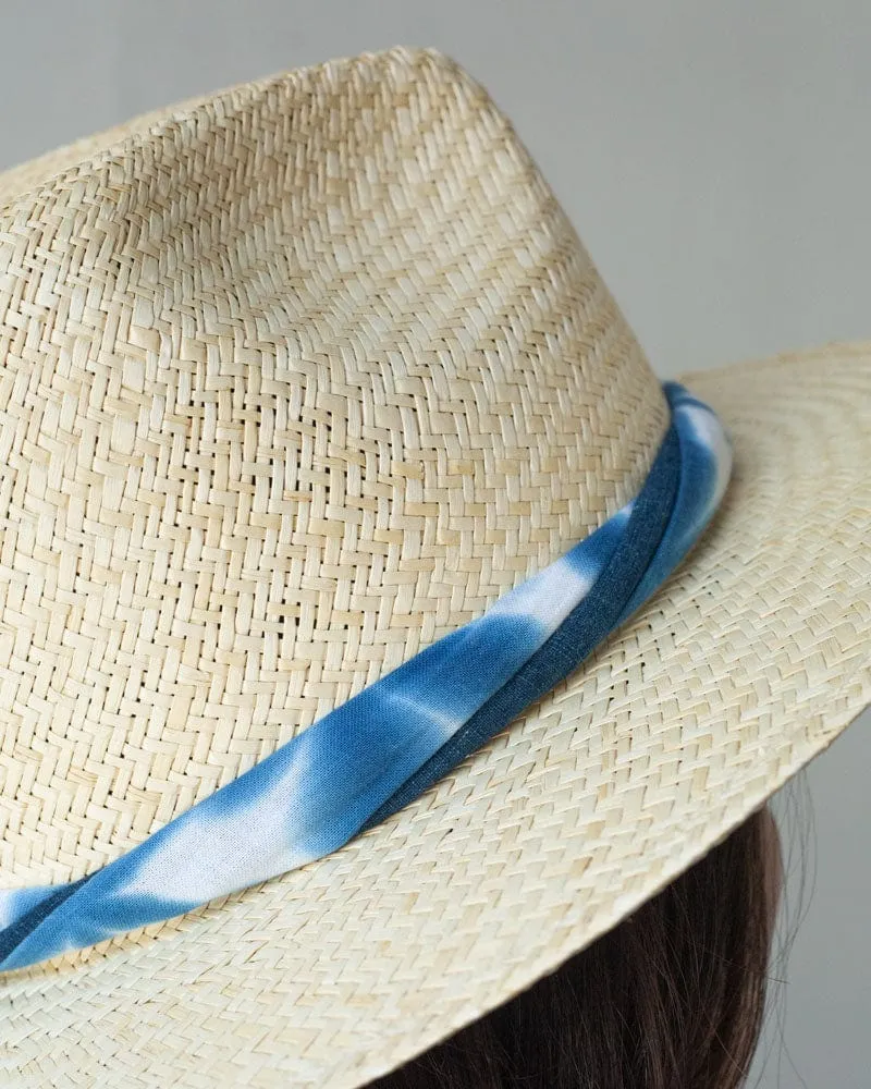 Kiriko Custom Panama Hat, Straw, Palm, Twisted Washed Indigo Shibori