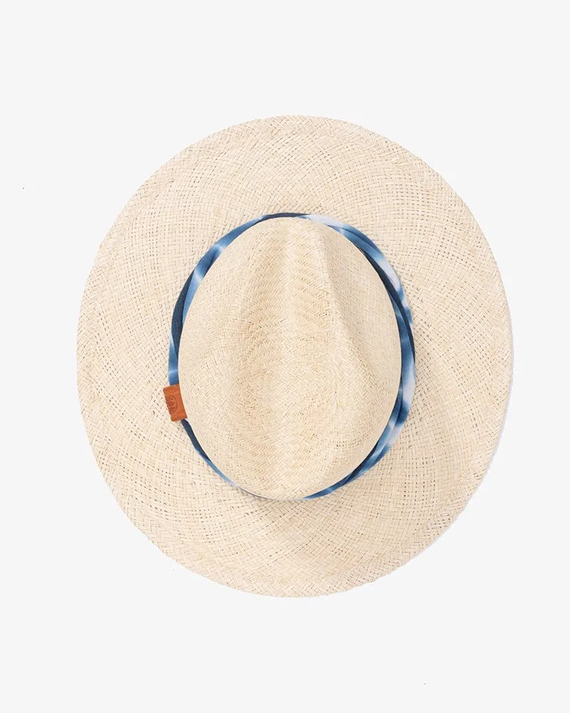 Kiriko Custom Panama Hat, Straw, Palm, Twisted Washed Indigo Shibori