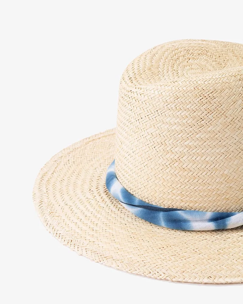 Kiriko Custom Panama Hat, Straw, Palm, Twisted Washed Indigo Shibori