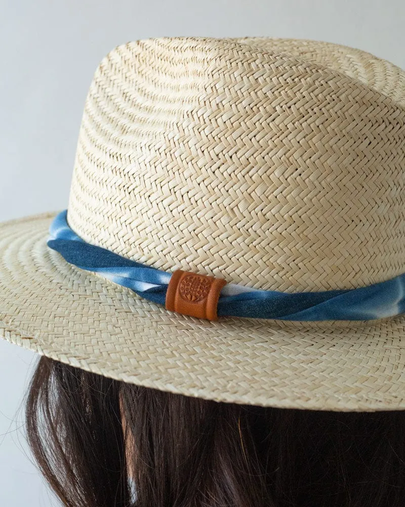 Kiriko Custom Panama Hat, Straw, Palm, Twisted Washed Indigo Shibori