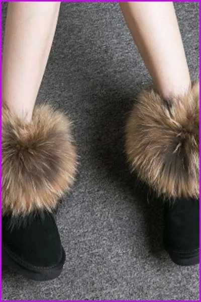 Leather Real Fox Fur Warm Black Round Toe Casual Snow Boots F1267