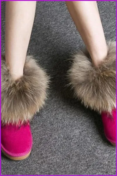 Leather Real Fox Fur Warm Black Round Toe Casual Snow Boots F1267