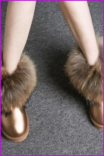 Leather Real Fox Fur Warm Black Round Toe Casual Snow Boots F1267