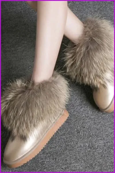 Leather Real Fox Fur Warm Black Round Toe Casual Snow Boots F1267