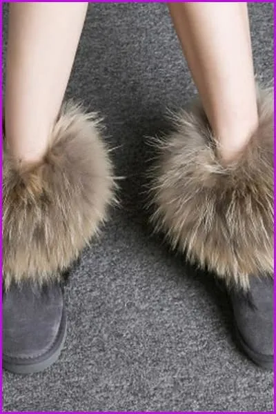 Leather Real Fox Fur Warm Black Round Toe Casual Snow Boots F1267