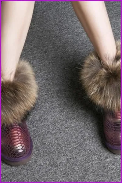 Leather Real Fox Fur Warm Black Round Toe Casual Snow Boots F1267