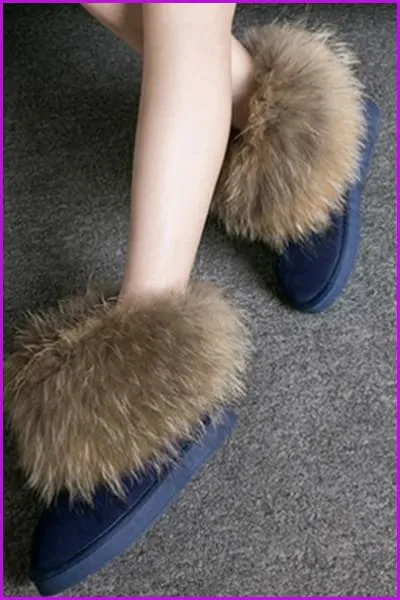 Leather Real Fox Fur Warm Black Round Toe Casual Snow Boots F1267