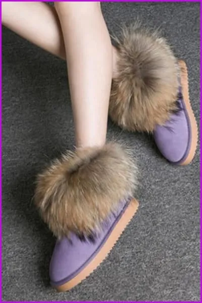 Leather Real Fox Fur Warm Black Round Toe Casual Snow Boots F1267