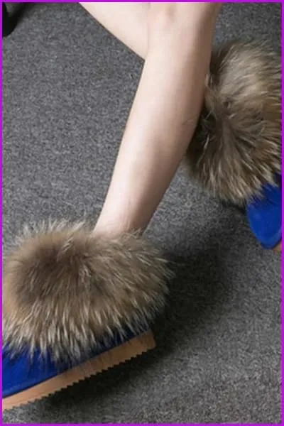 Leather Real Fox Fur Warm Black Round Toe Casual Snow Boots F1267